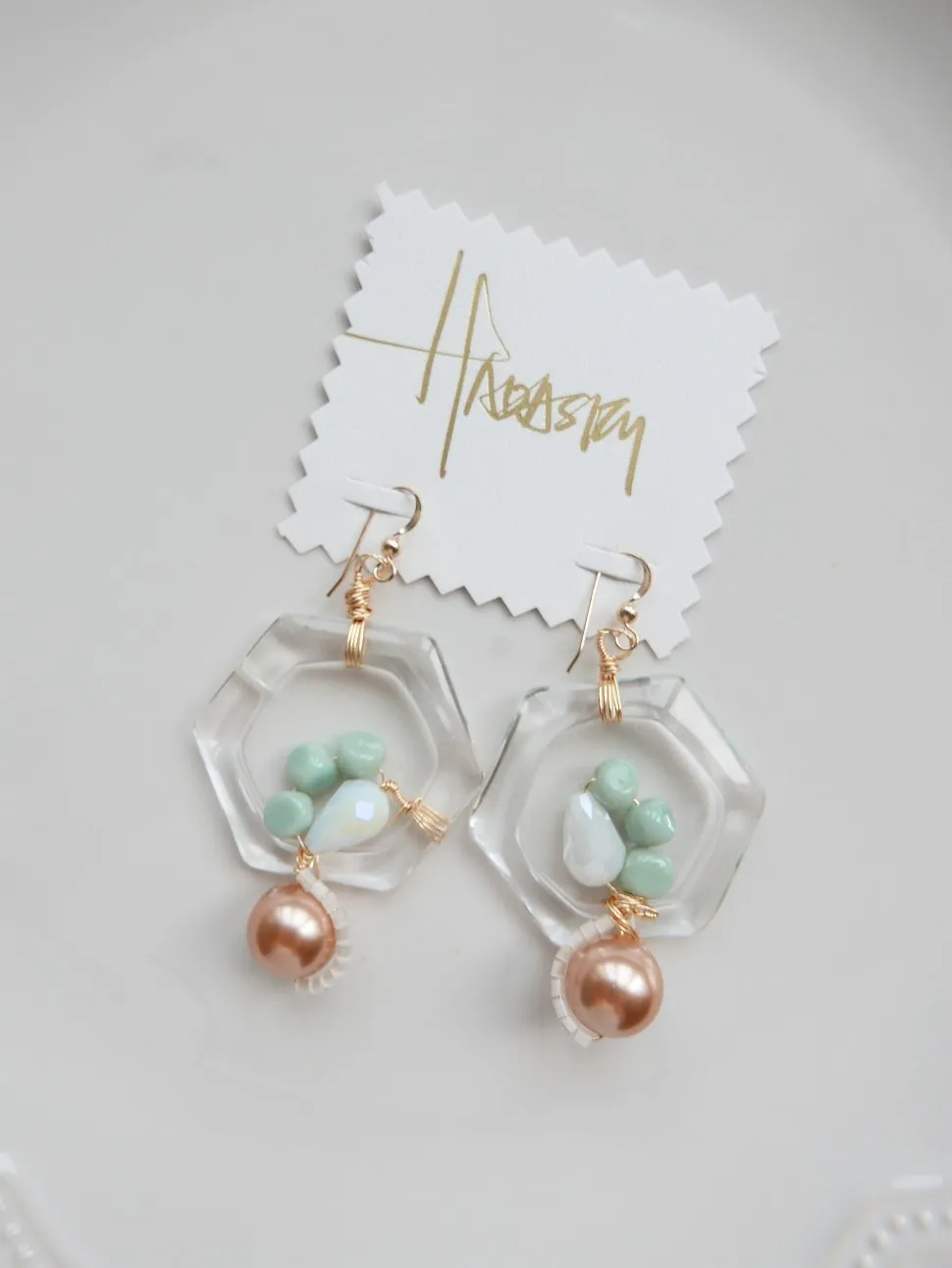 Enclosed and Protected - glass hexagon pink pearls